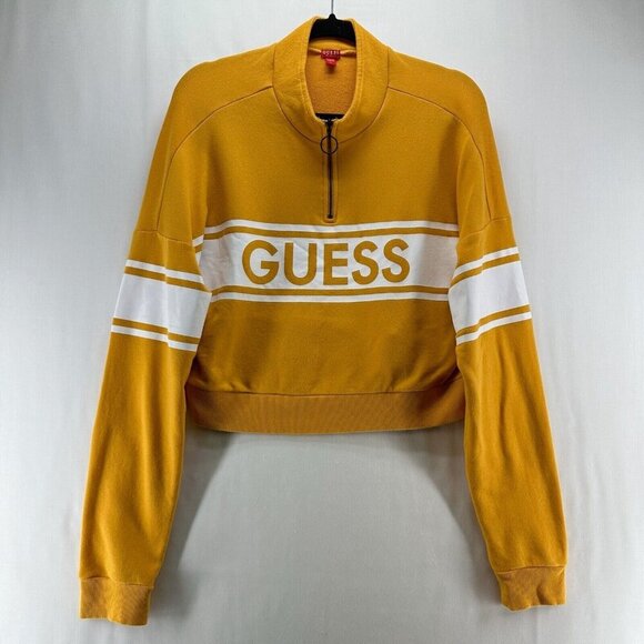 Guess Cropped Sweater Women Sz L Quarter Zip Spellout Pullover Activewear Yellow - Picture 1 of 12